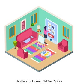 Girl chooses drawing lesson. Home art studio, isometric vector living room, couch, easel and online drawing lessons. Online course training, student e-learning app illustration