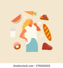 Girl Chooses Food. Intuitive Food Concept Vector Illustration