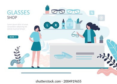 Girl chooses glasses or contact lenses in optics. Optometrist helps buyer to choose glasses. Ophthalmology store. Eye drops and eyeglasses on shelves. Landing page template. Flat vector illustration