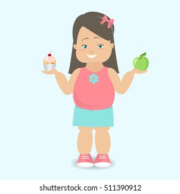 Girl chooses a healthy lifestyle. The fat kid. Vector cartoon