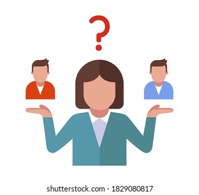 the girl chooses one of the two guys. not an easy relationship dilemma. flat vector illustration.