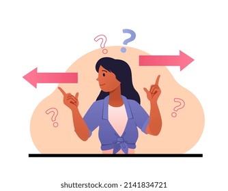 Girl chooses path. Character makes decision, woman evaluated of options. Mental dead lock and questions, prioritization. Thoughtful confused person, uncertainty. Cartoon flat vector illustration