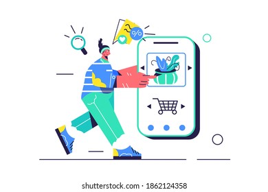 Girl chooses a product in a mobile store