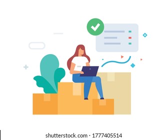 girl chooses the product she needs in the online store illustration. Smartphones tablets user interface online shopping. Flat illustration Icons infographics. Landing page site print poster. Eps