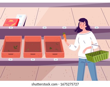 Girl chooses products in a supermarket with empty shelves. Panic and shortage of goods during quarantine