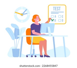 Girl chooses right answer in test. Online survey. Woman sitting at table. Web examination. Female solving quiz by computer. Internet questionnaire. Digital technology