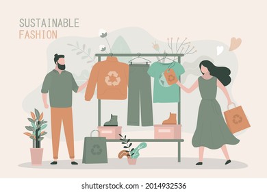 Girl chooses t-shirt made from recycled material. Man buys sweater in eco-friendly store. Hanger with various ethical clothes. Concept of sustainable fashion and green technologies.Vector illustration