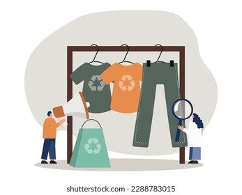 Girl chooses t-shirt made from recycled material. Man buys sweater in eco-friendly store. Hanger with various ethical clothes. Concept of sustainable fashion and green technologies.Vector illustration