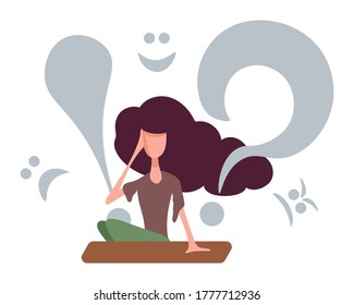 Girl chooses which mask to wear with emotion. Man sits, holds his head and thinks. Changes personality to angry, neutral, cheerful. White background flat vector stylish illustration stock.