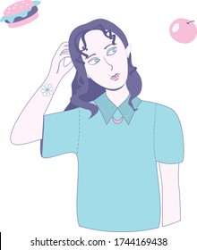 Girl choosing between burger and apple, healthy and unhealthy food concept flat vector illustration. Female cartoon character thinking about dieting and healthy eating.