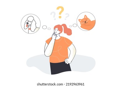 Girl choosing between dog and cat when adopting or buying. Young woman thinking about new pet flat vector illustration. Animal adoption, choice concept for banner, website design or landing web page