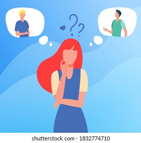 Girl choosing between two boys flat vector illustration. Dating or online communication concept can be used for presentations, banner, website design, landing web page