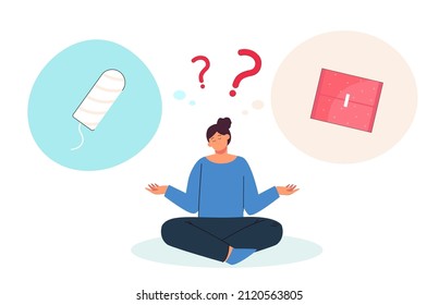 Girl choosing between two feminine hygiene methods. Confused woman with tampon and cotton pad flat vector illustration. Menstruation, choice concept for banner, website design or landing web page