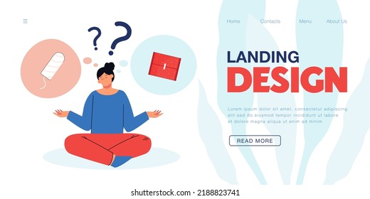 Girl choosing between two feminine hygiene methods. Confused woman with tampon and cotton pad flat vector illustration. Menstruation, choice concept for banner, website design or landing web page