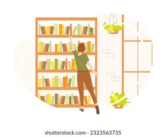 Girl choosing a book in a cozy bookstore or library. Vector illustration in flat cartoon style isolated on white background. Concept of reading and education