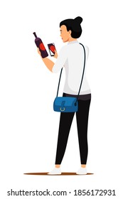 Girl choosing bottle of wine with app. Drinking alcoholic beverage vector illustration. Woman looks at bottle, takes photo on phone, app finds wine after scan.