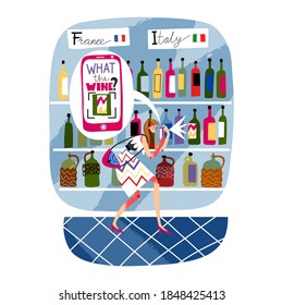 Girl choosing bottle of wine in shop with app. Drinking alcoholic beverage vector illustration. Woman looks at shelves with bottles, takes photo on phone, app finds wine after scan.