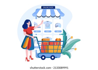 Girl choosing cloth in a mobile online shop.