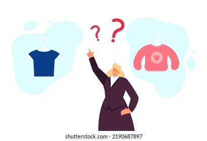 Girl choosing clothes flat vector illustration. Businesswoman thinking about buying T-shirt or sweatshirt. Shopping, choice, wardrobe concept for banner, website design or landing web page