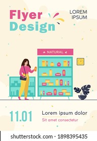 Girl choosing eco beauty products in cosmetics shop, standing at case with creams and lotions and taking shampoo bottle. Flat vector illustration for skincare, body care, cosmetology concepts