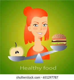 A girl choosing food. Girl weighing food. Useful and harmful food. Vector illustration. 