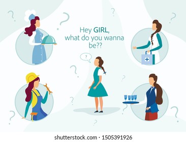 Girl Choosing Future Career Occupation Job. Contemplating Child Looking Up At Thought Bubbles With Different Professions Choice As Engineer, Doctor, Chief, Waitress. Cartoon Flat Vector Illustration