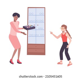 Girl choosing glasses in optics store flat vector illustration