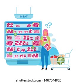 Girl choosing meat in grocery store flat vector illustration. Woman selecting frozen meat in supermarket cartoon character. Shopping in butchery. Consumerism, customer in mall doing purchases