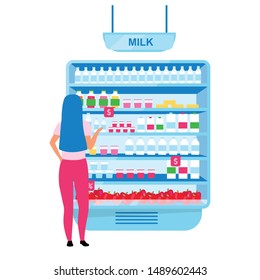 Girl choosing milk in grocery store flat vector illustration. Woman selecting dairy products in supermarket cartoon character. Shopping at farmers market. Consumerism, customer in mall doing purchases