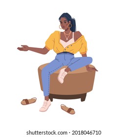 Girl choosing new pair of shoes sitting on pouf or ottoman isolated flat cartoon character. Vector pretty girl trying on perfect pair, shopper choose footwear, afro american black lady shopping