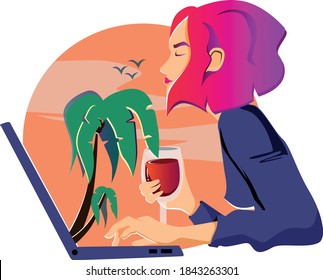 Girl choosing a travel package enjoying glass of wine palm trees sea on the laptop