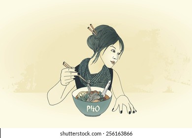 Girl and chopsticks eating