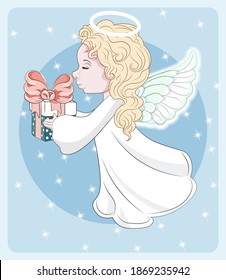 girl, Christmas angel, in white dress with gift, picture in hand drawing cartoon style, for t-shirt wear fashion print design, greeting card, postcard. baby shower. party invitation
