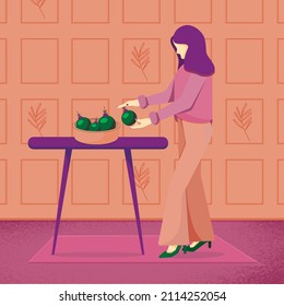 A girl with Christmas balls, in the interior of the popular purple