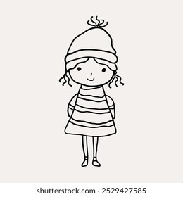 Chica, personajes de Navidades. Navidades dibujadas a mano caprichosos iconos de arte de línea 2. Clipart de Navidad, Ilustraciones vectoriales, dibujado a mano doodle iconos, dibujo de estilo peculiar