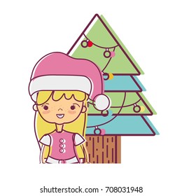 girl with christmas clothes and pine with lights