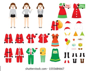 Girl With Christmas Costumes, Accessories Set, Christmas Clothes Elements, Xmas, Happy New Year, Clothing, Animals, Festive, Celebrations