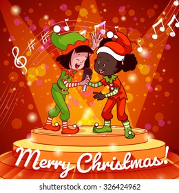 Girl in Christmas dress singing with microphone. Christmas card. Cartoon character.