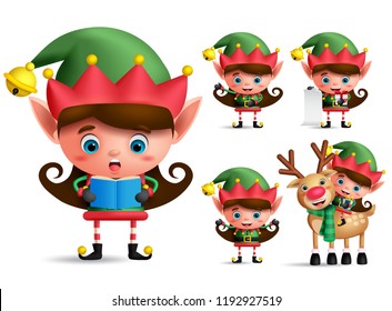 Girl christmas elf vector character set. Little kid elves with green costume singing christmas song and playing isolated in white background. Vector illustration.
