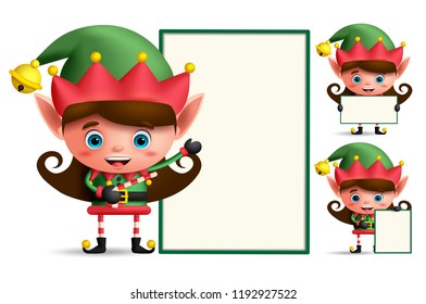 Girl christmas elf vector character set holding empty white board with space for text isolated in white background. Vector illustration.
