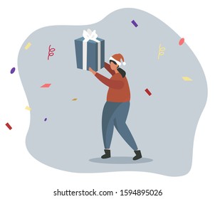 Girl with Christmas gift.Girl is buying gifts for New Year 2020.Girl holding gift.Merry Christmas and Happy New Year.Winter holiday.Vector illustration