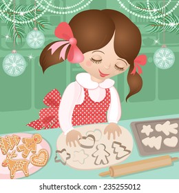 Girl and Christmas ginger cookies. Celebratory kitchen and child in advent when baking cookies. Colorful vector illustration.