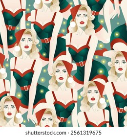 girl in a Christmas hat with a flashlight seamless pattern