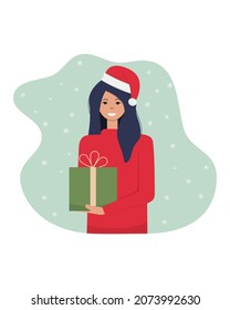 Girl in a Christmas hat with a gift in her hands. Can be used to decorate an article, banner, flyer.