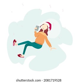 Girl in a Christmas hat with a mobile phone in her hand is flying in the clouds.