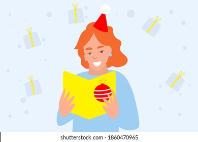 A girl in a Christmas hat reads a Christmas card. Vector Christmas illustration