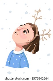 The girl with the christmas horns on the head looks in amazement as snowflakes fall from the sky. Young woman with a Hoop reindeer antlers on the background of falling snow. Vector illustration.