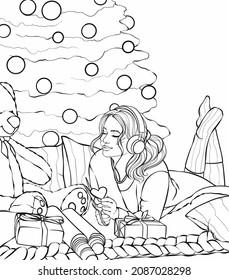 Girl in Christmas morning near the Christmas tree.Coloring book antistress for children and adults.Illustration isolated on white background.Zen-tangle style.Hand draw