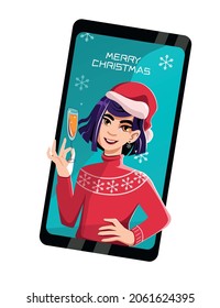 A girl in a Christmas sweater congratulates someone on the phone. Congratulations at a distance, by video link, a format of social distancing and celebration.
