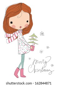 girl with Christmas tree